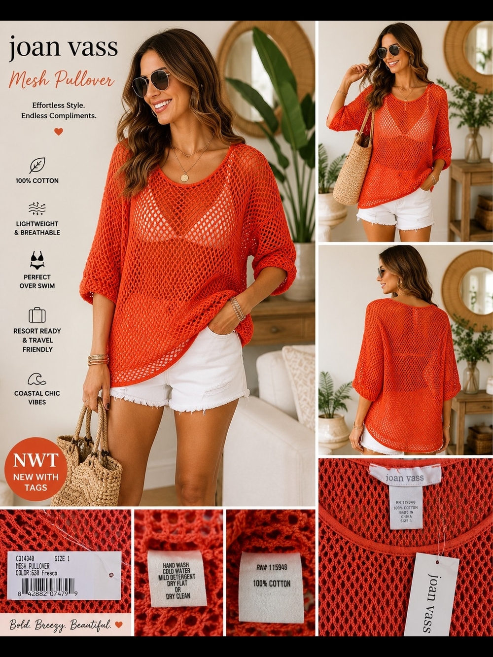 ✨️ 🧡 NWT Joan Vass Orange Mesh Pullover ✨ 🧡